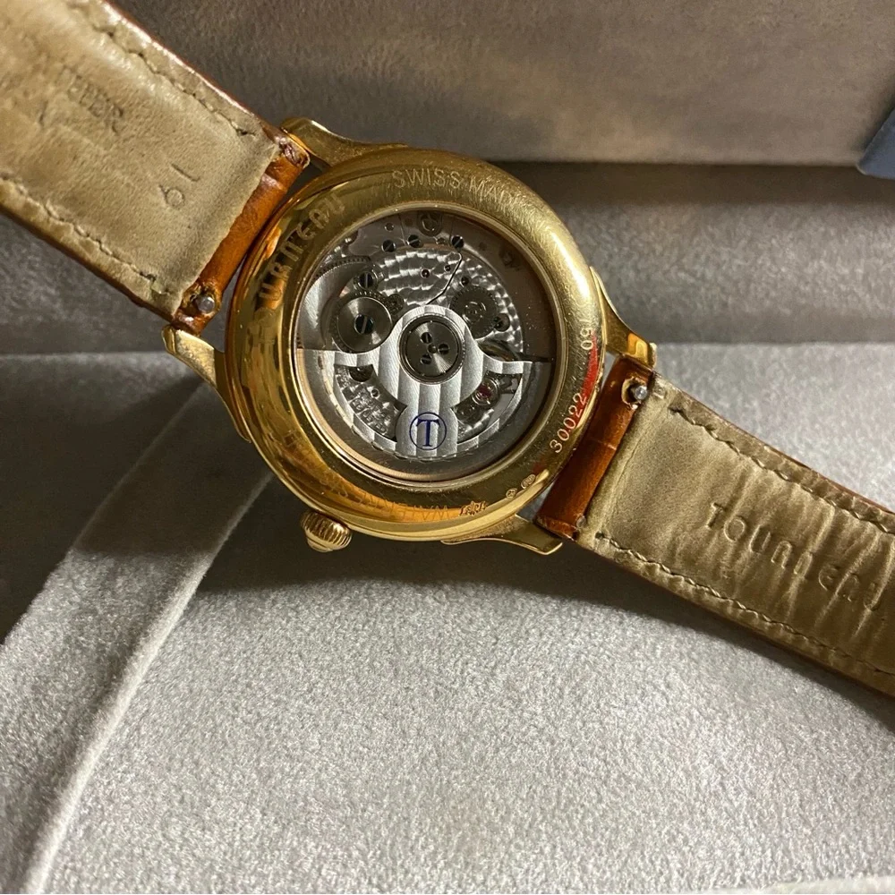 Tourneau 18K Gold Open Heart Brown Leather Watch Vintage 30022